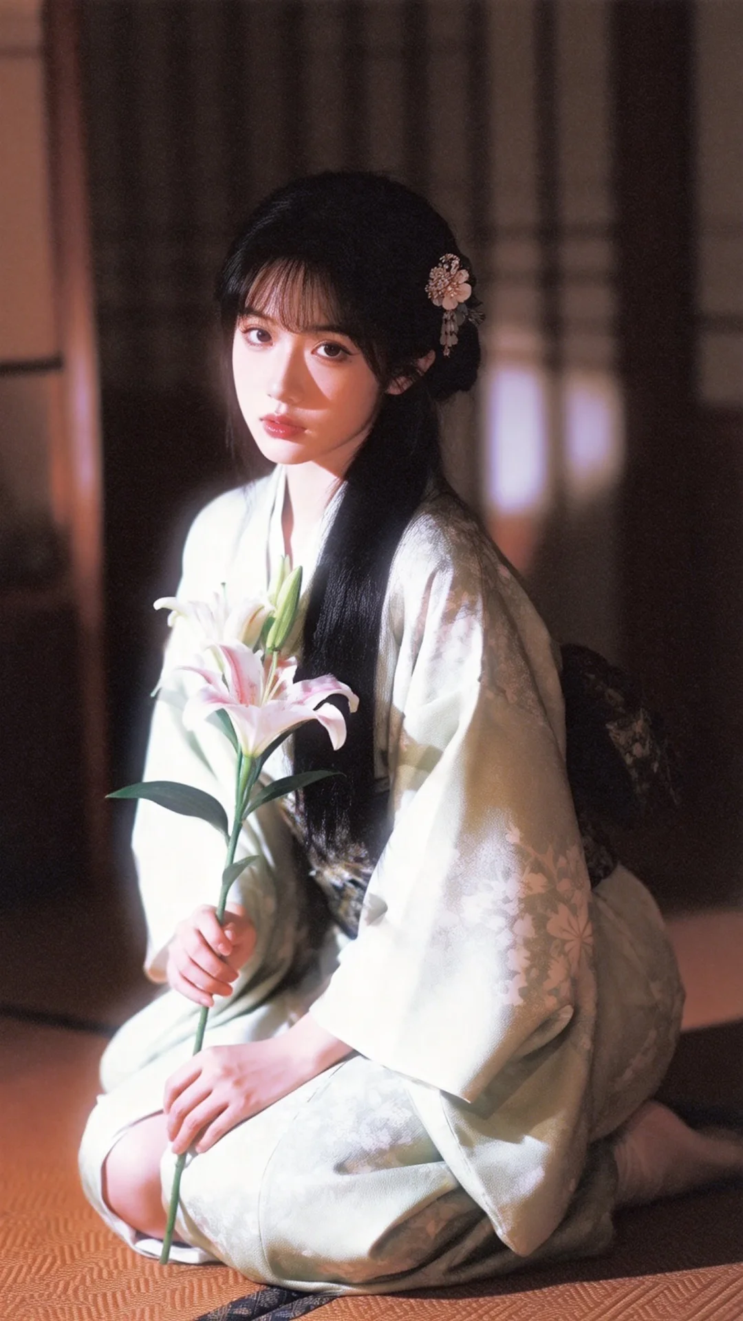 东亚美少女，美艳动人，黑色长发，持花端庄优雅跪坐姿态，身着浅色暗纹和服...