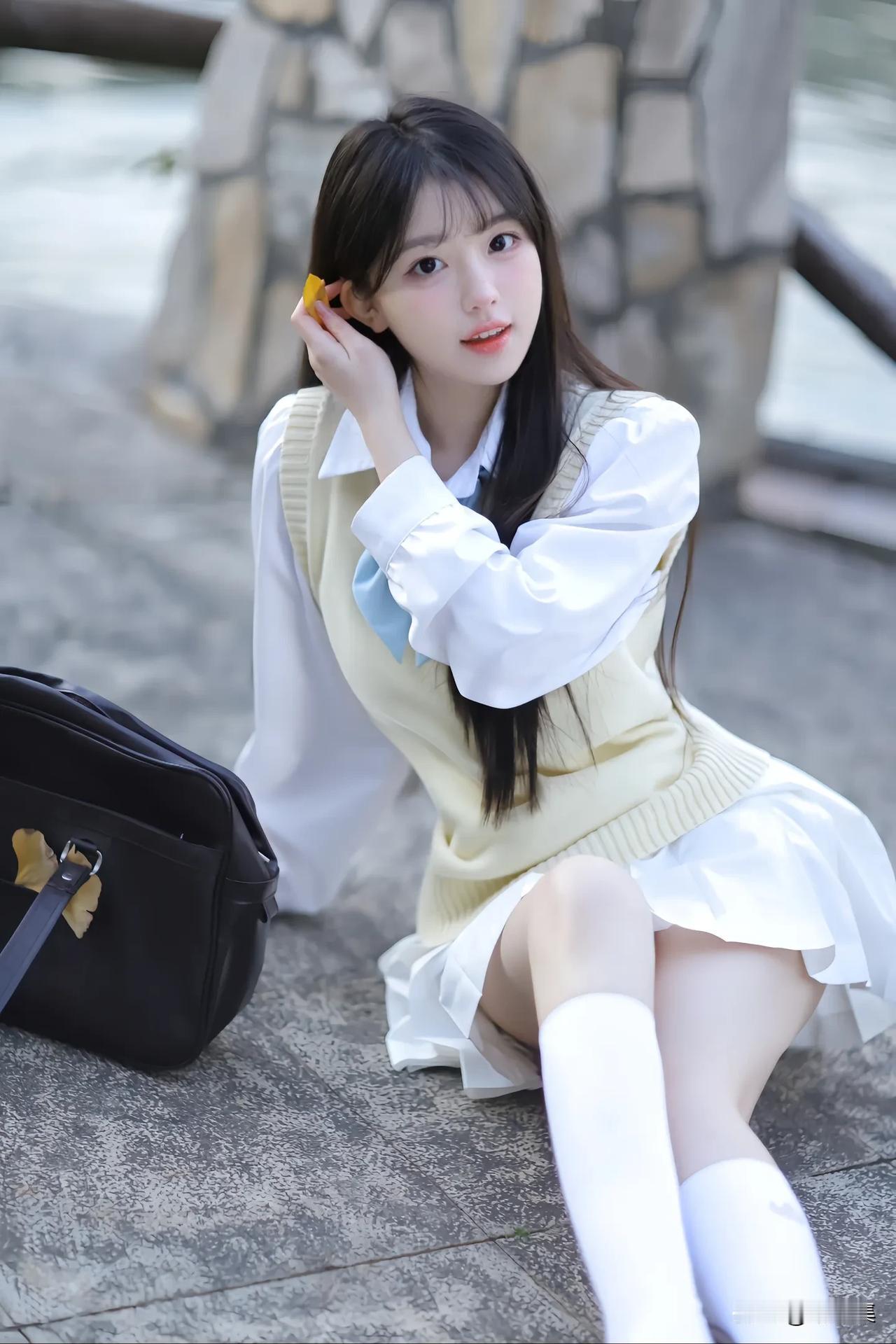 元气少女在石桥下，清新校园风穿搭