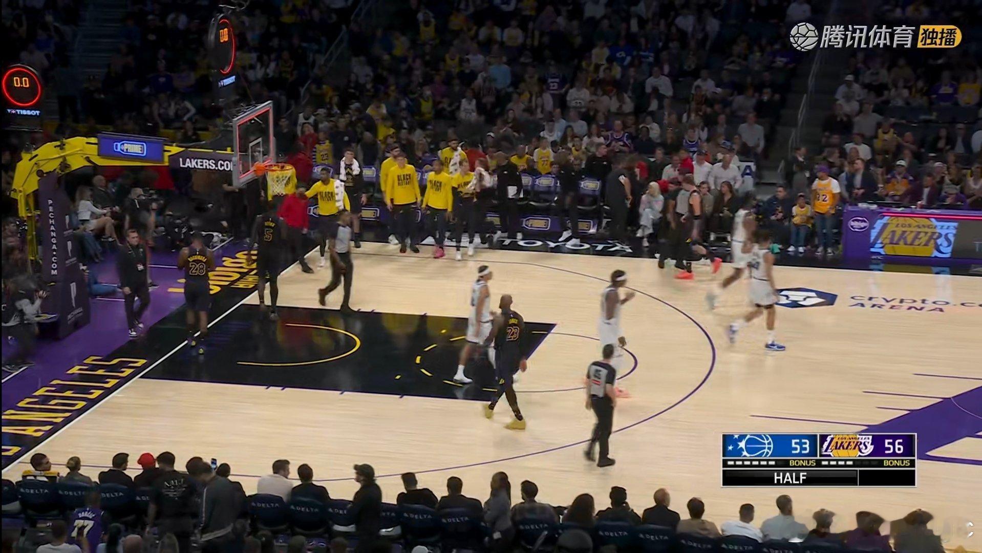 半场结束，湖人56-53魔术，詹姆斯12分4篮板2助攻，东契奇12分5篮板8助攻