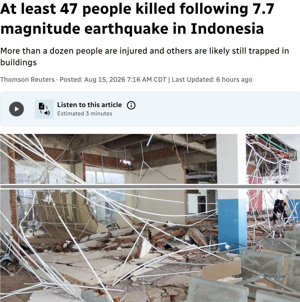 当地时间周六，印度尼西亚东部发生7.7级地震及数十次余震，已造成至少47人死亡，