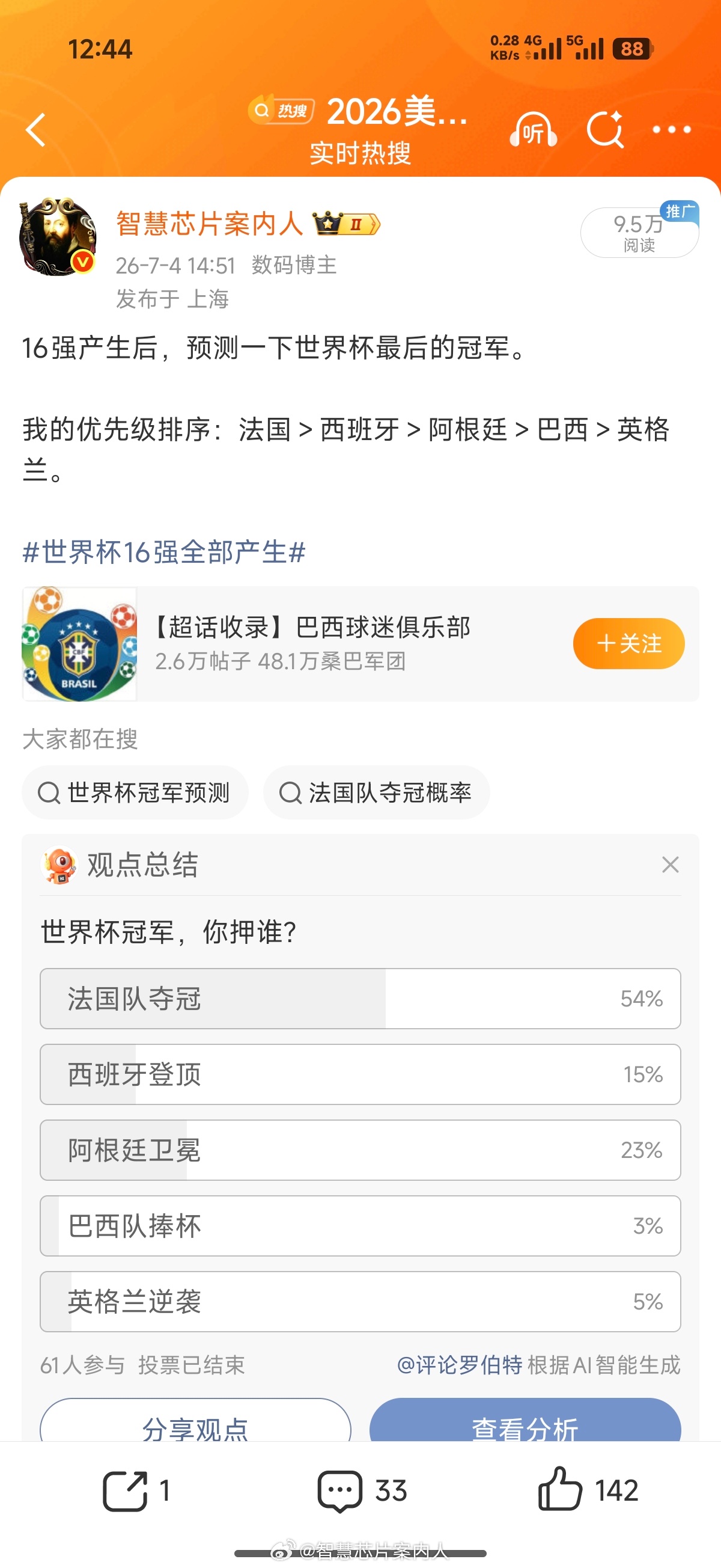 我之前预测的前5只夺冠球队有四只都进入了四强。再排一下最后的夺冠概率：法国＞西班