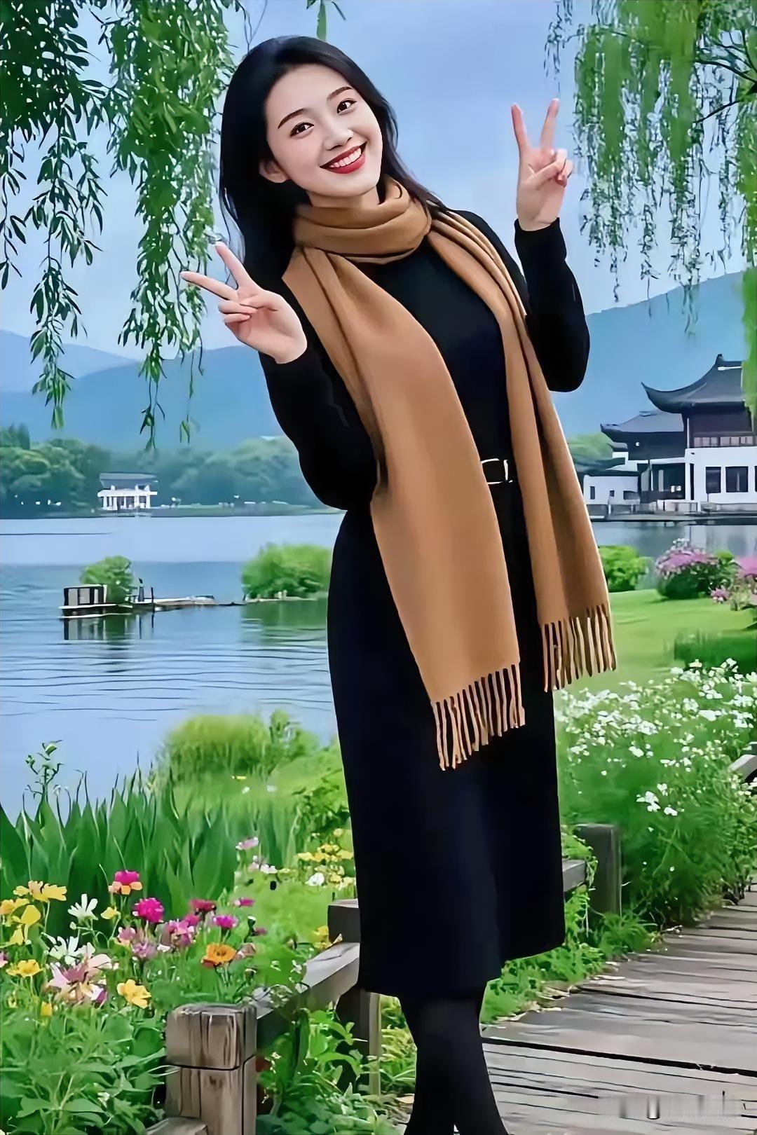 她于风景如画之处比着V字手势。比心写真 比个V手势 比心造型 比心照片风