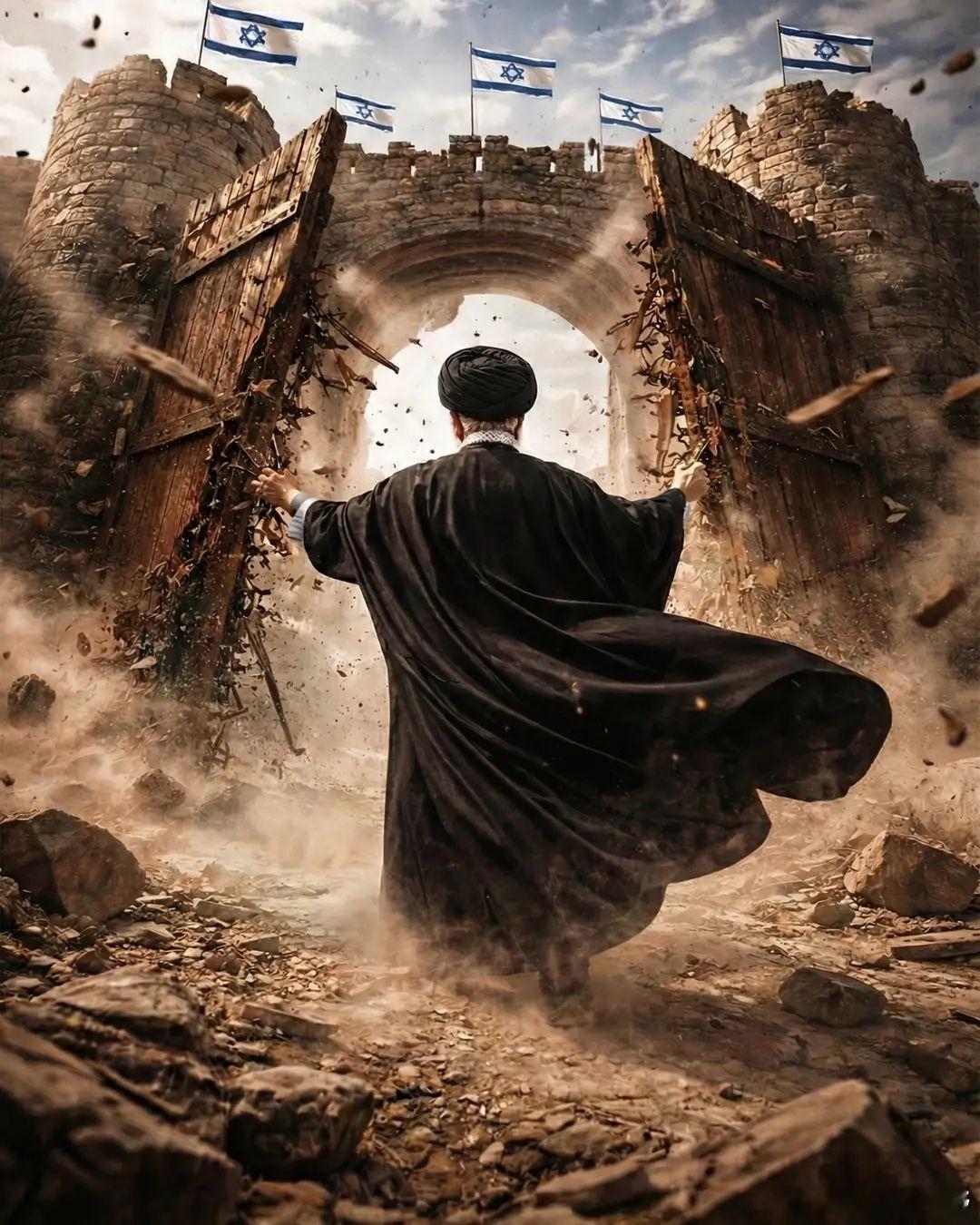 伊朗最擅长做宣传画作，这是最新的一张，圣僧哈梅内伊用神力打开了以色列的边界。 