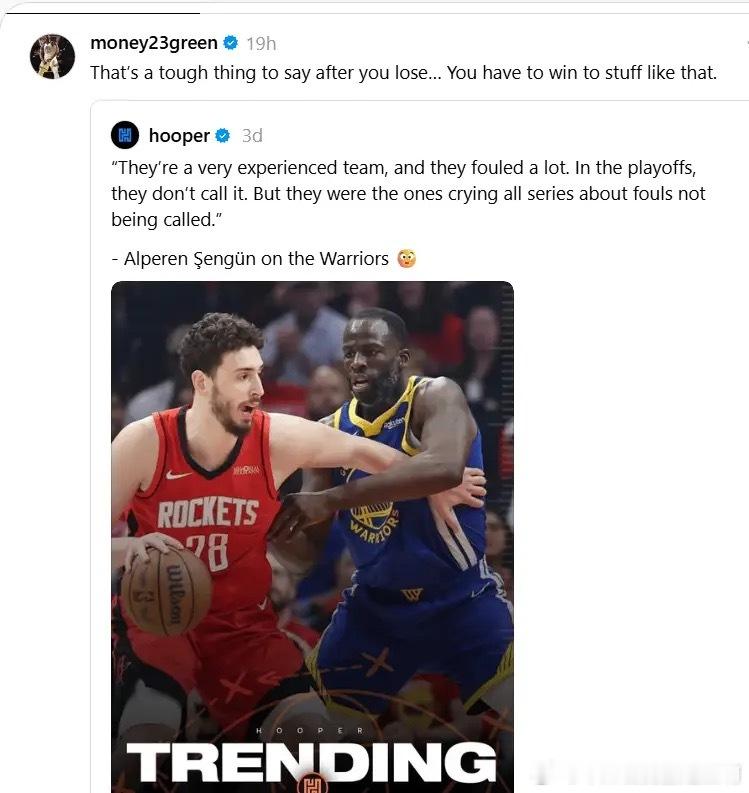 NBA[超话]  火箭球员阿尔佩伦-申京在近日接受了采访，谈到火箭今年季后赛输给