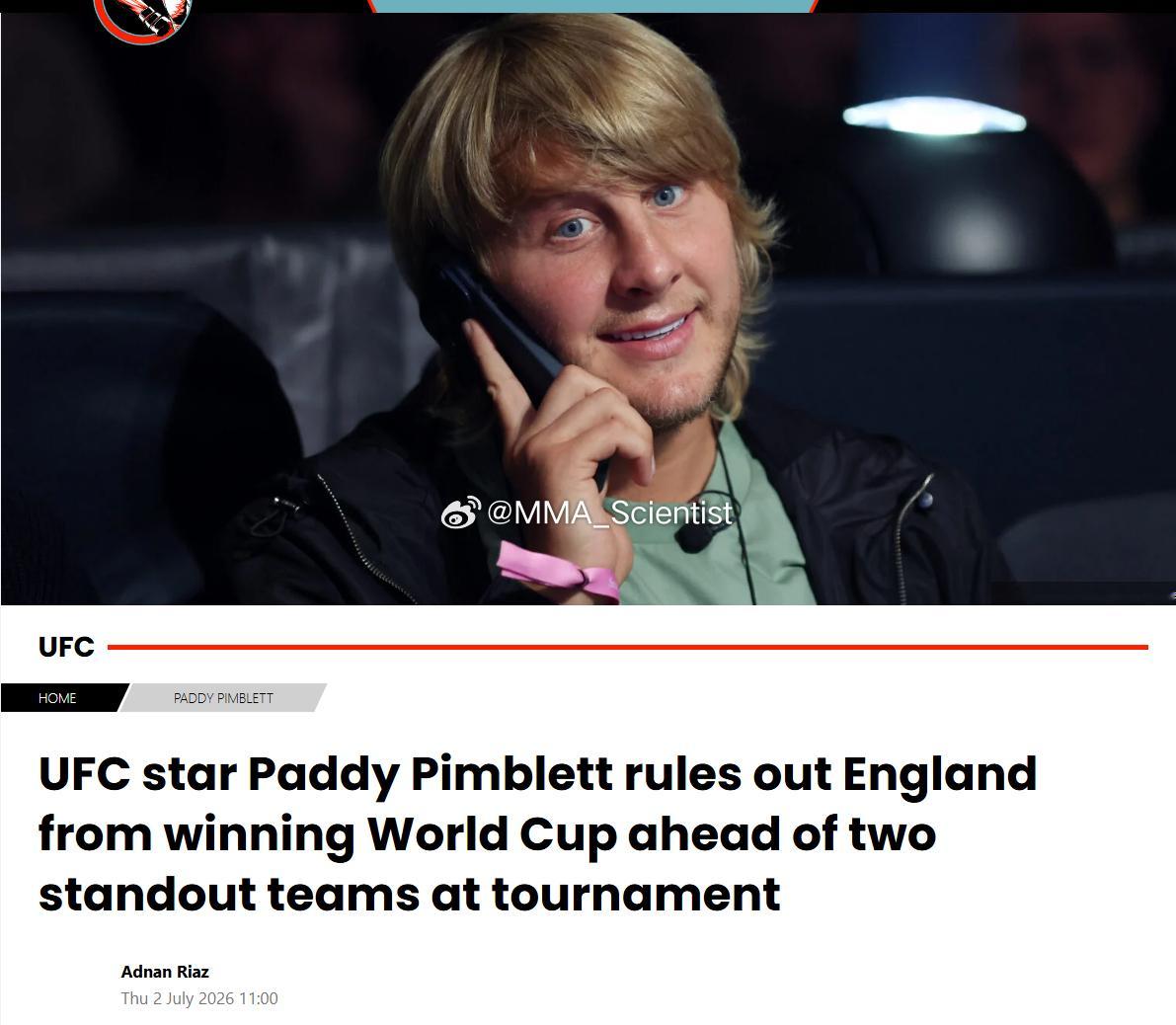 “英国古惑仔”帕迪·皮布莱特(Paddy Pimblett)说，本次世界杯，英国
