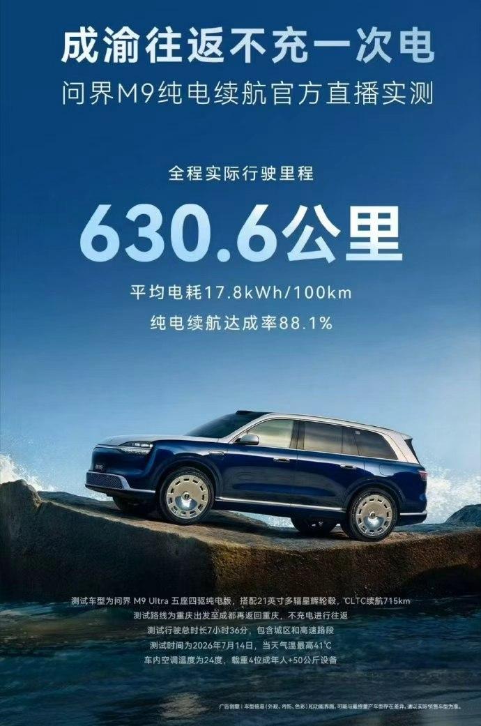 41℃满载跑出88.1%续航达成率，问界M9这成绩含金量够硬
问界M9纯电续航实