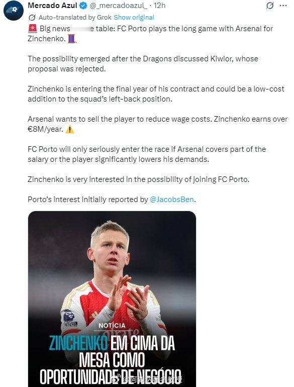 消息人士向英国媒体GiveMeSport透露，波尔图有意引进津琴科，波尔图认为他