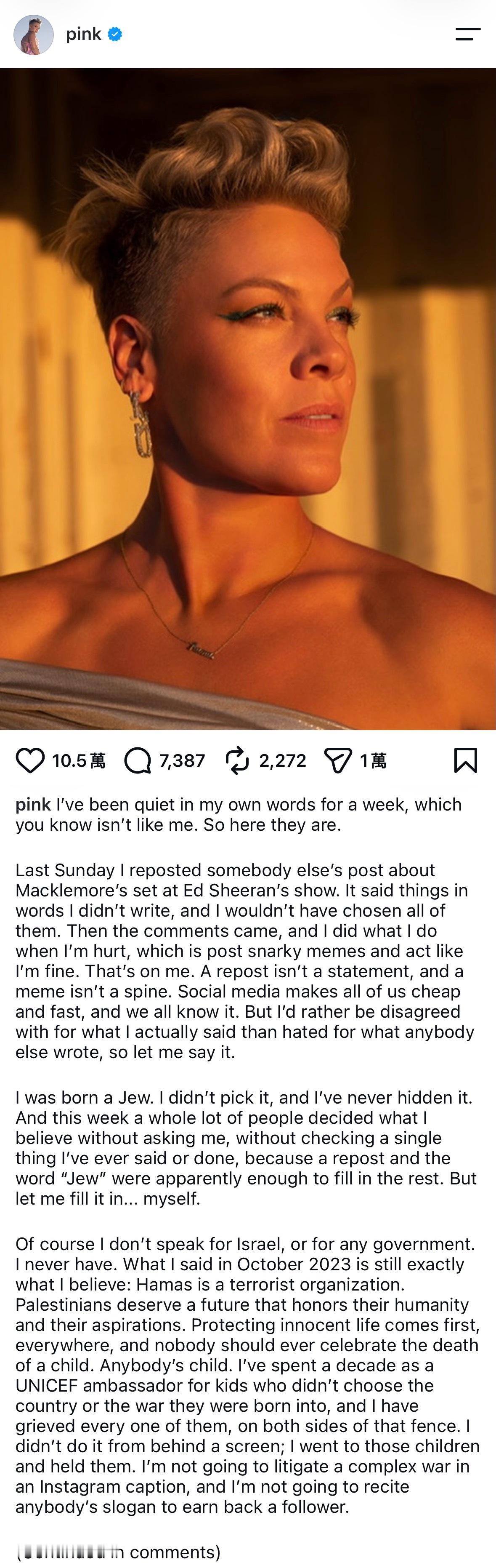 P!nk 发布长文回应近期因转发谴责 Macklemore 声援巴勒斯坦贴文引发