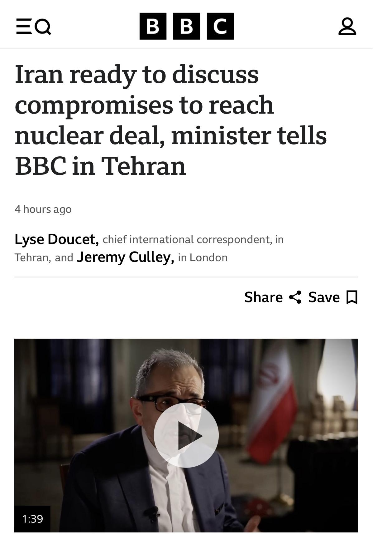 英媒：伊朗副外长称”为达成核协议，伊朗愿意讨论妥协”

英国广播公司(BBC)官