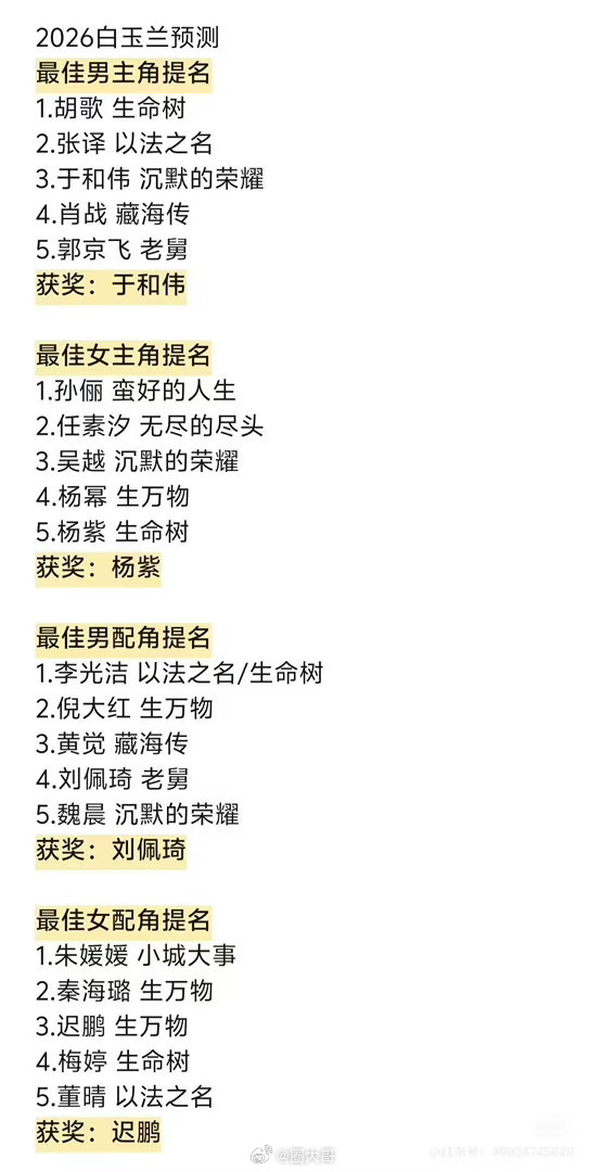 曝2026白玉兰视后要给新人2026白玉兰刚预热，就有新料来了，感觉今年的白玉兰