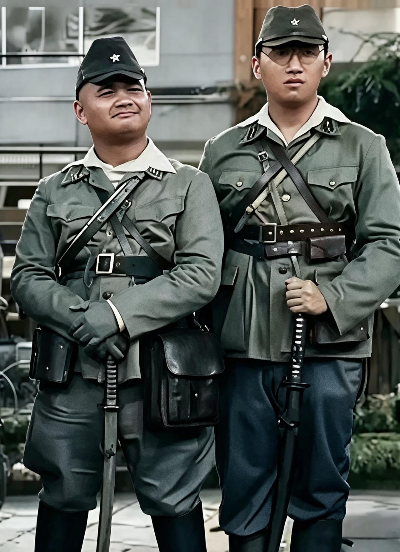 1942年，入侵东南亚的两个日军的镜头，二人身着军装，一脸骄横