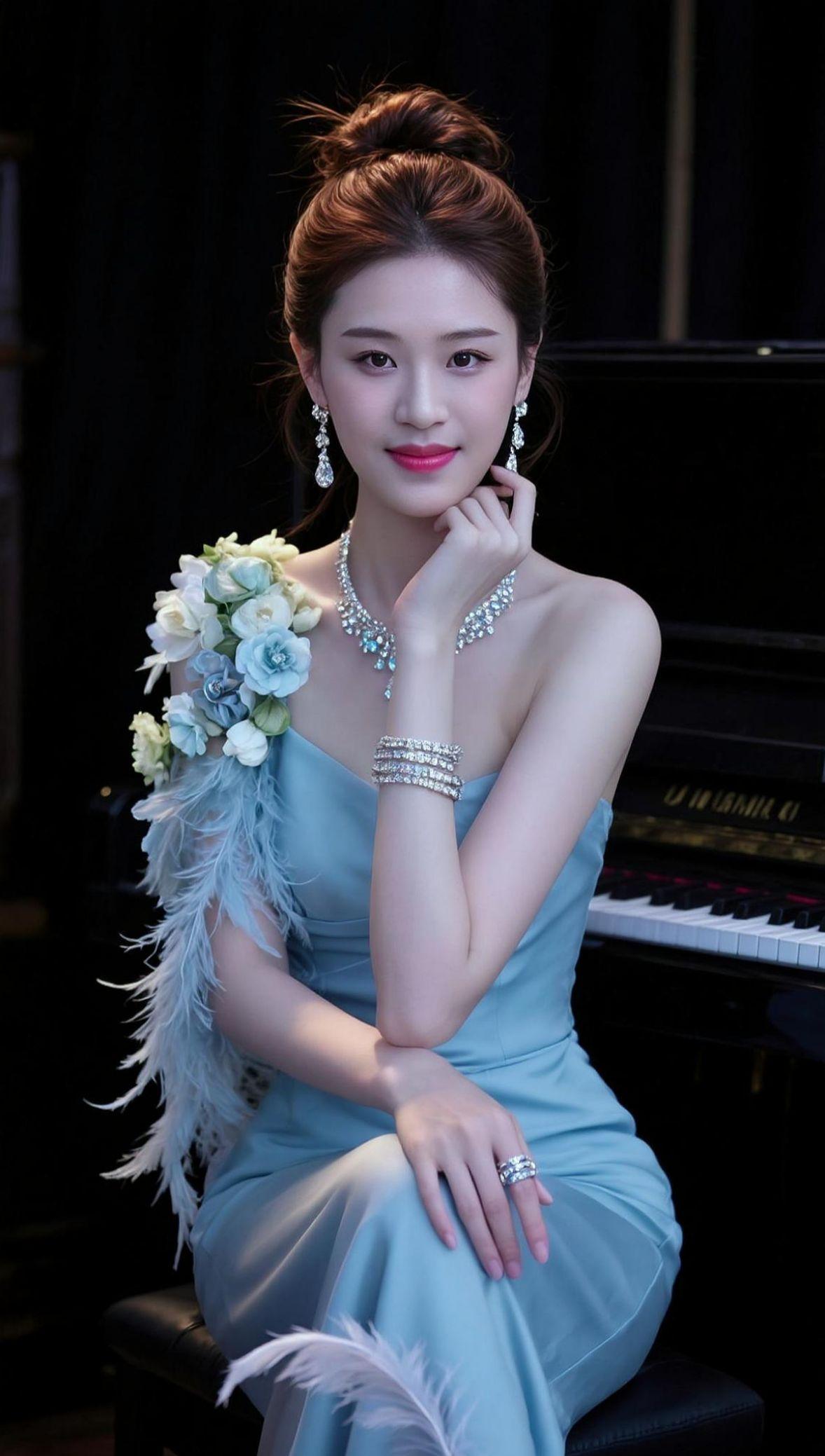 这身装扮，仿佛是走错了片场，从钢琴演奏会穿越到了珠宝展示会。手里的花像是刚从花店