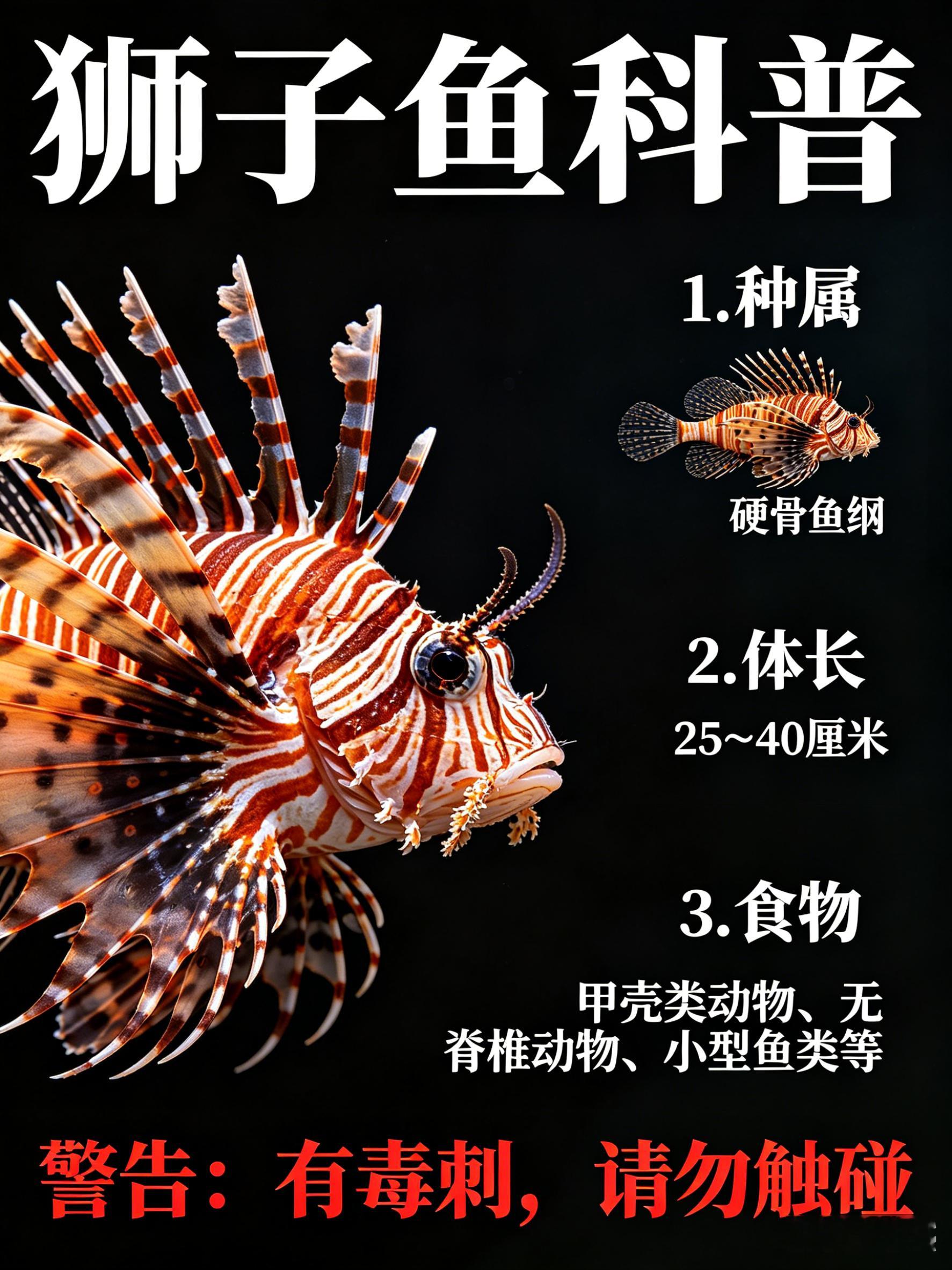 海洋朋友圈 狮子鱼海洋档案种　属：硬骨鱼纲体　长：25～40厘米食　物：甲壳类动