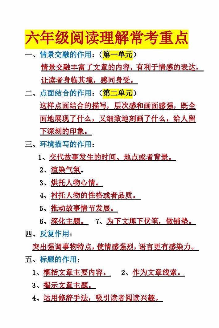 各单元阅读理解重点