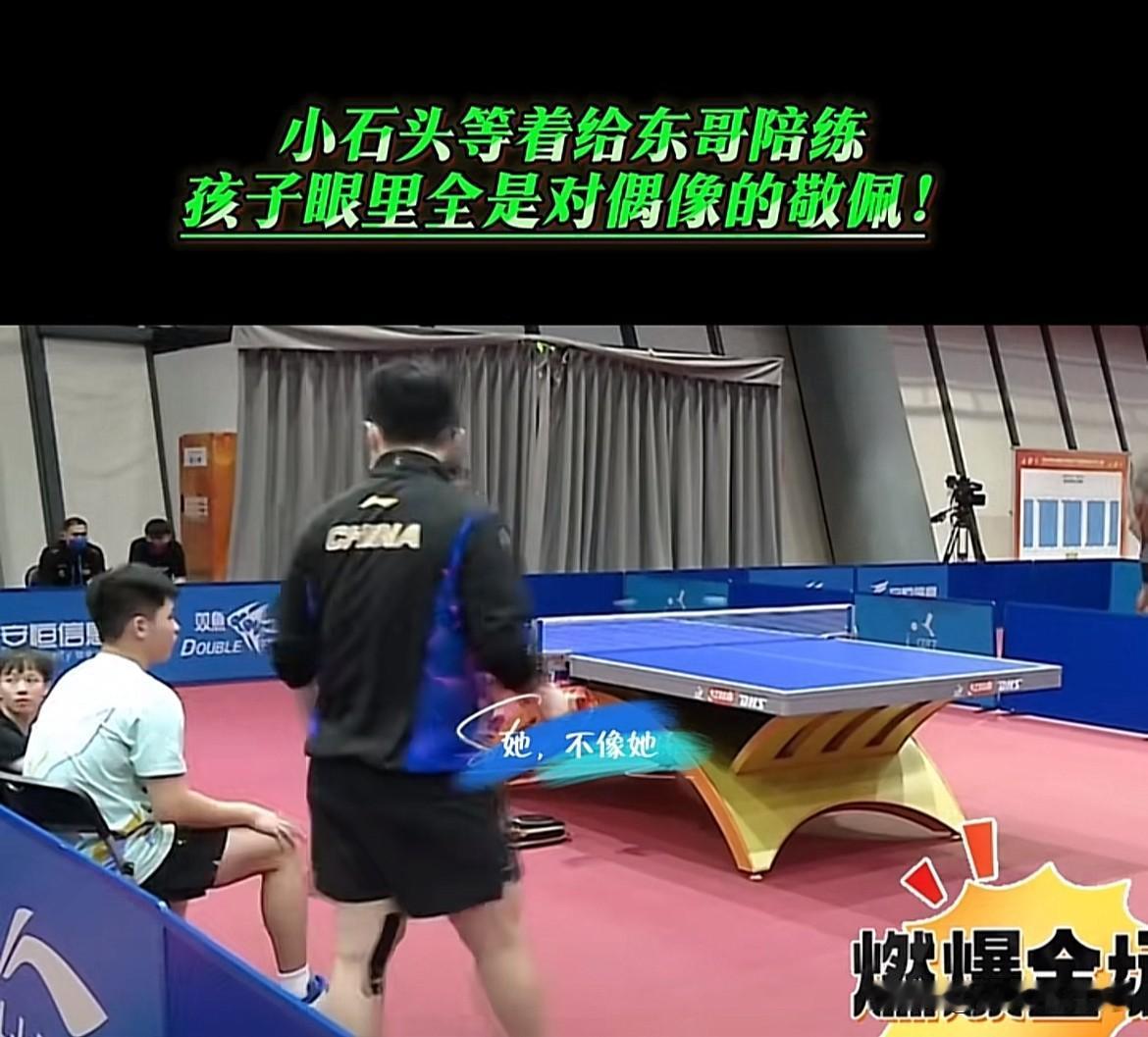 林诗栋坐在椅子上等樊振东。樊振东来了。小石头林诗栋连忙站起来，把座位让给东哥。小