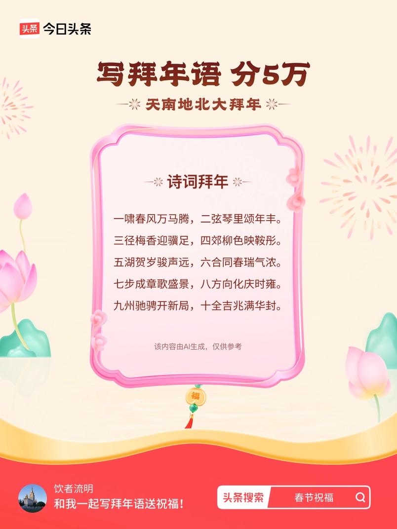 三径梅香迎骥足，四郊柳色映鞍彤。 五湖贺岁骏声远，六合同春瑞气浓。 七步成章歌盛