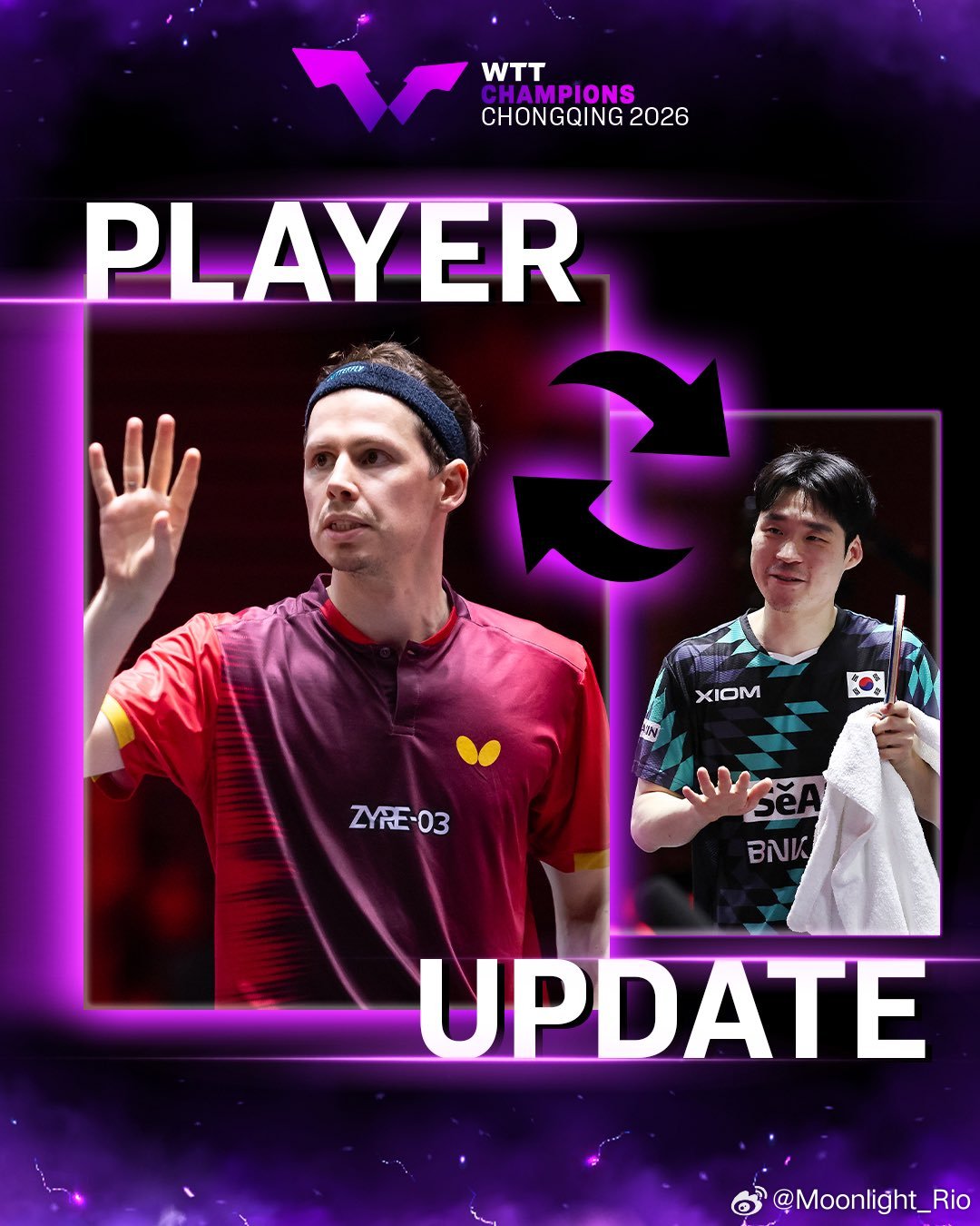 WTT重庆冠军赛2026  🇨🇳林诗栋退赛，🇨🇳陈垣宇递补参赛🇰🇷张