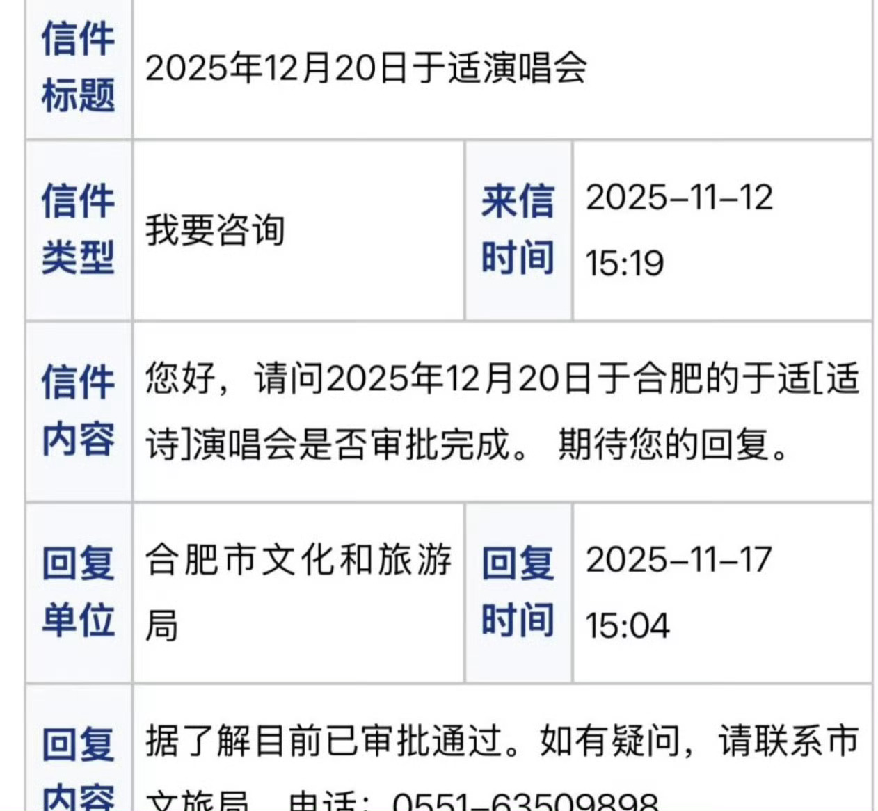 于适首场个人演唱会要来了已经过审了，第一场在合肥 