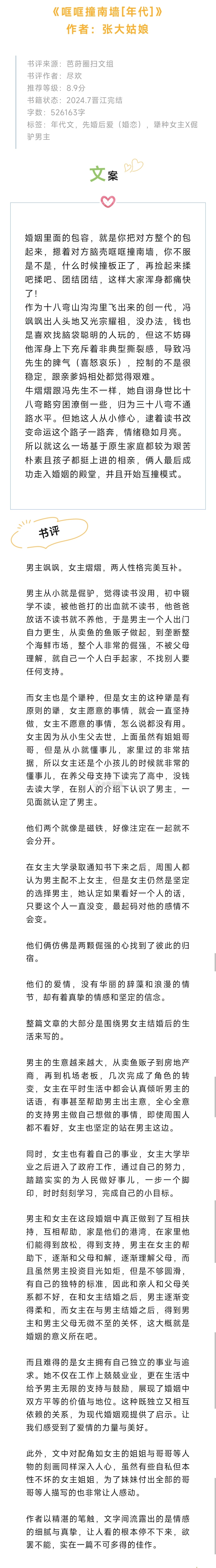 #芭莳圈推文[超话]#《哐哐撞南墙[年代]》作者：张大姑娘男主飒飒，女主熠熠。男