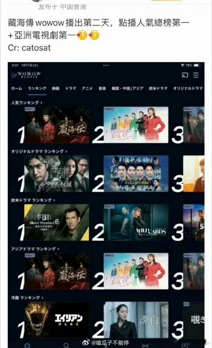 肖战《藏海传》日本播出第二天上了点播人气总榜top1，亚洲电视剧top1！这海外