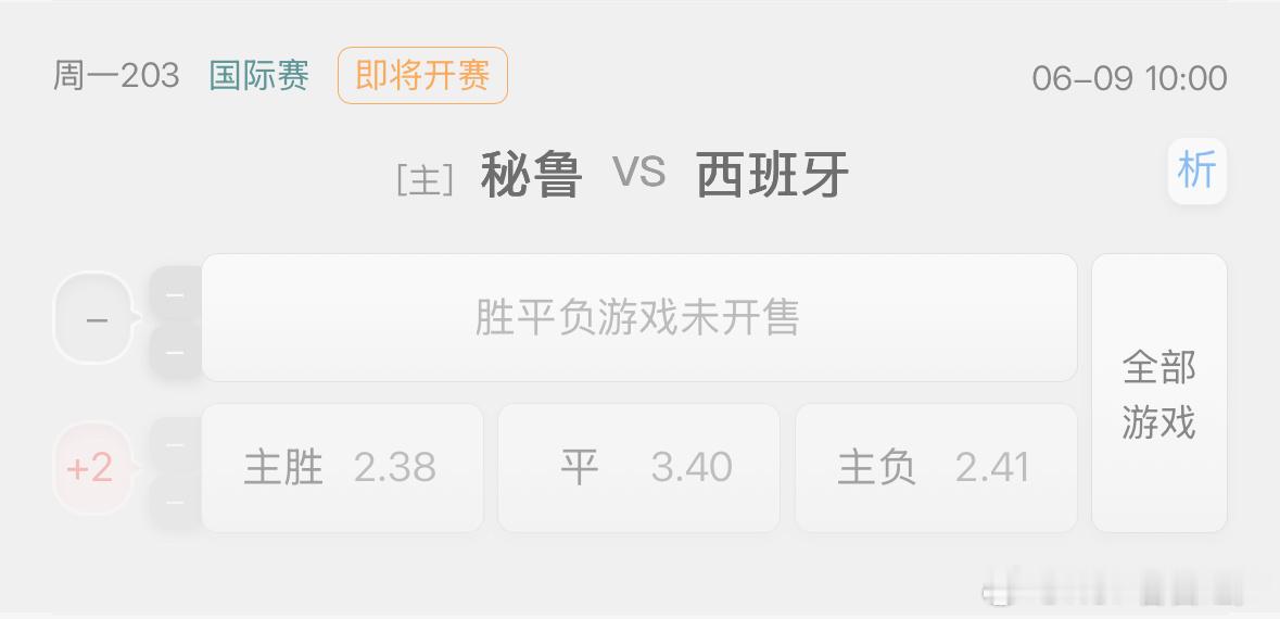 秘鲁 vs 西班牙观点：西班牙倾向：西班牙 -1.5比分：0-2、1-3、0-3