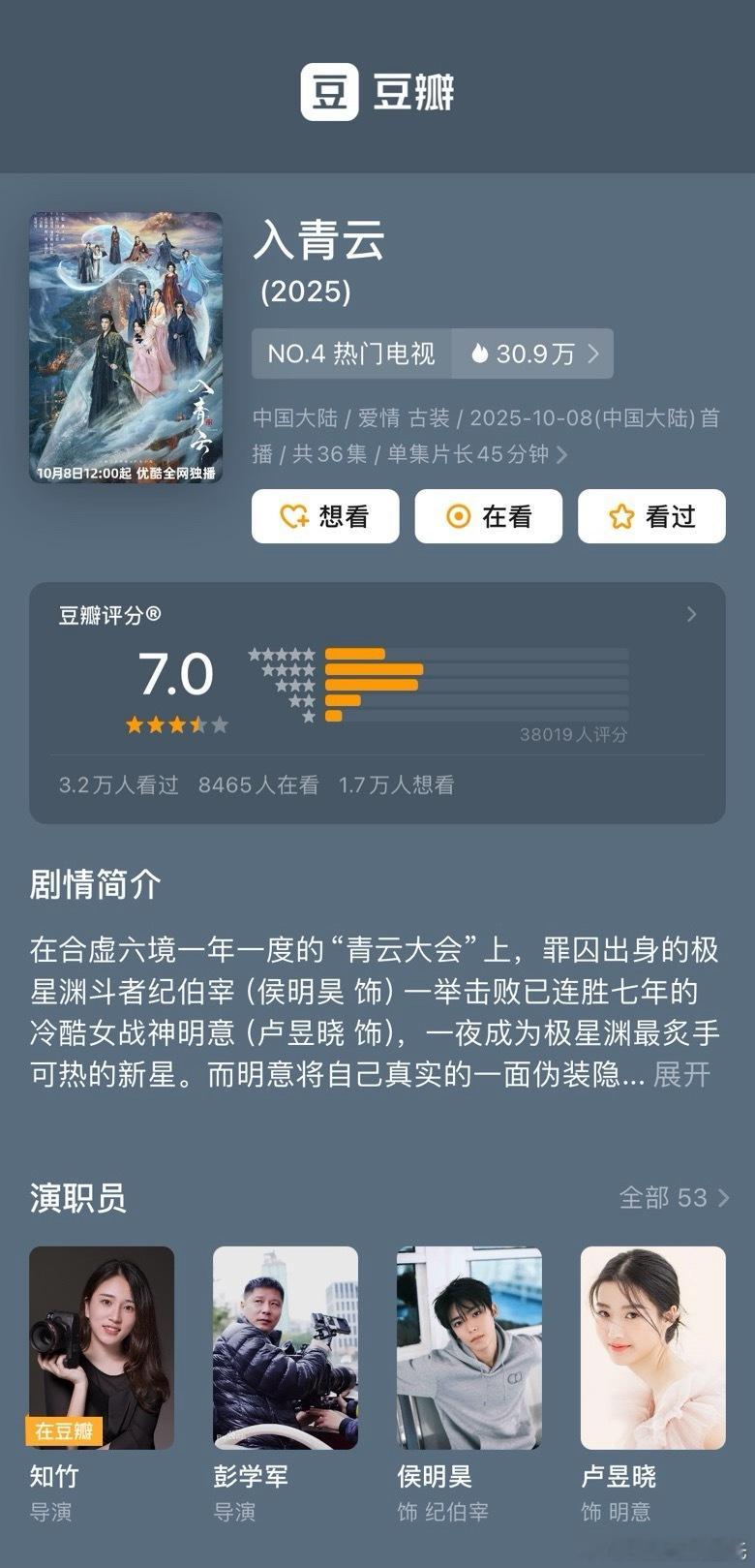 侯明昊、卢昱晓入青云豆瓣开分7.0 评分人数3.8万，7分还可行，高了低了？四⭐