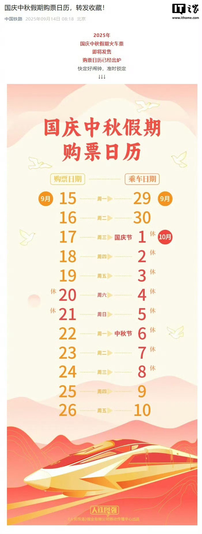 【中国铁路公布国庆中秋假期购票日历，明日可购 9 月 29 日车票】中国铁路公布