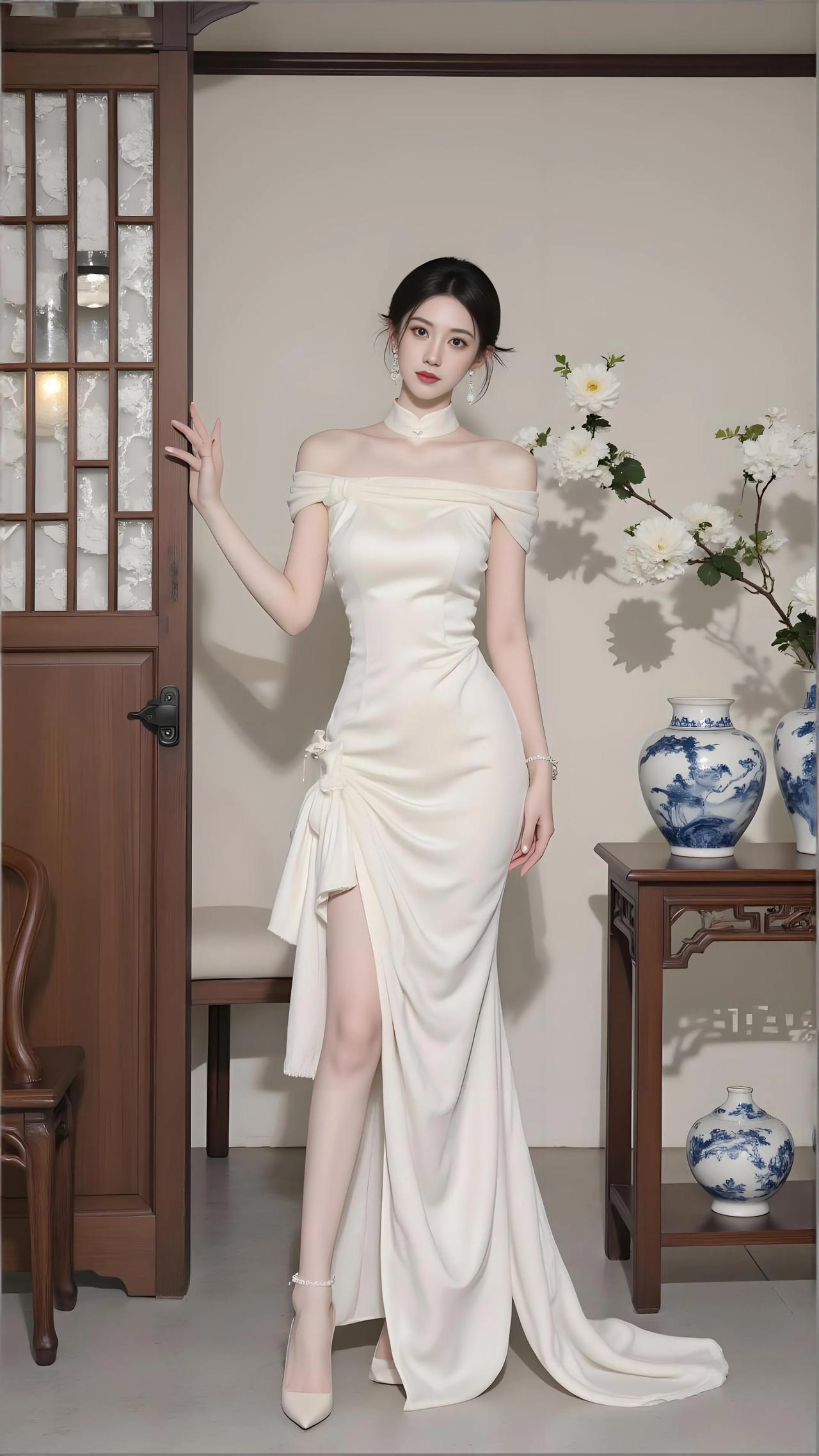 青花几案白菊繁，露肩旗袍倚画轩。

朱门半启风姿现，旗袍裹身似凝烟。

弧墙淡墨