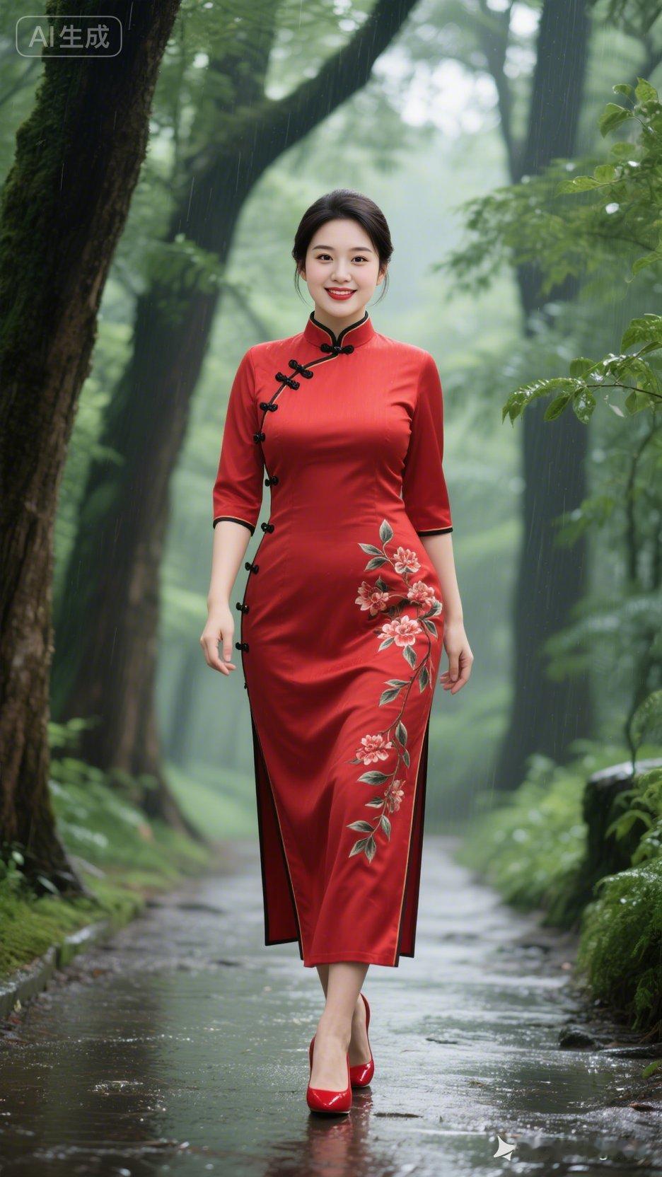 雨中漫步，红裙飘逸，尽显东方韵味！