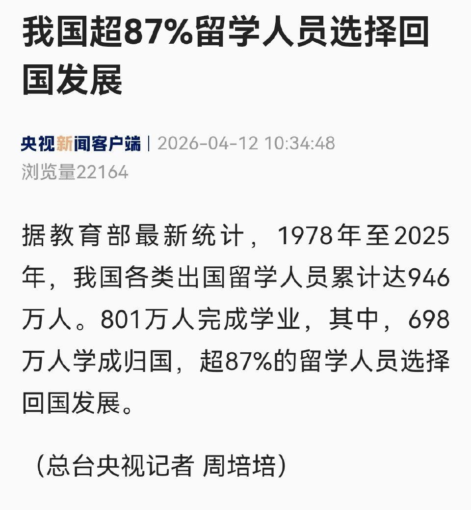 据教育部最新统计，1978年至2025年，超87%的留学人员选择回国发展。 