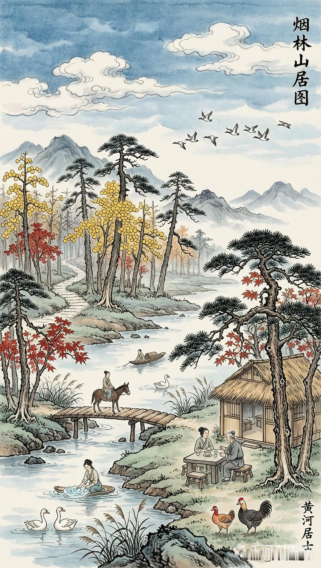 国画水墨，水墨中国山水画 《烟林山居图》