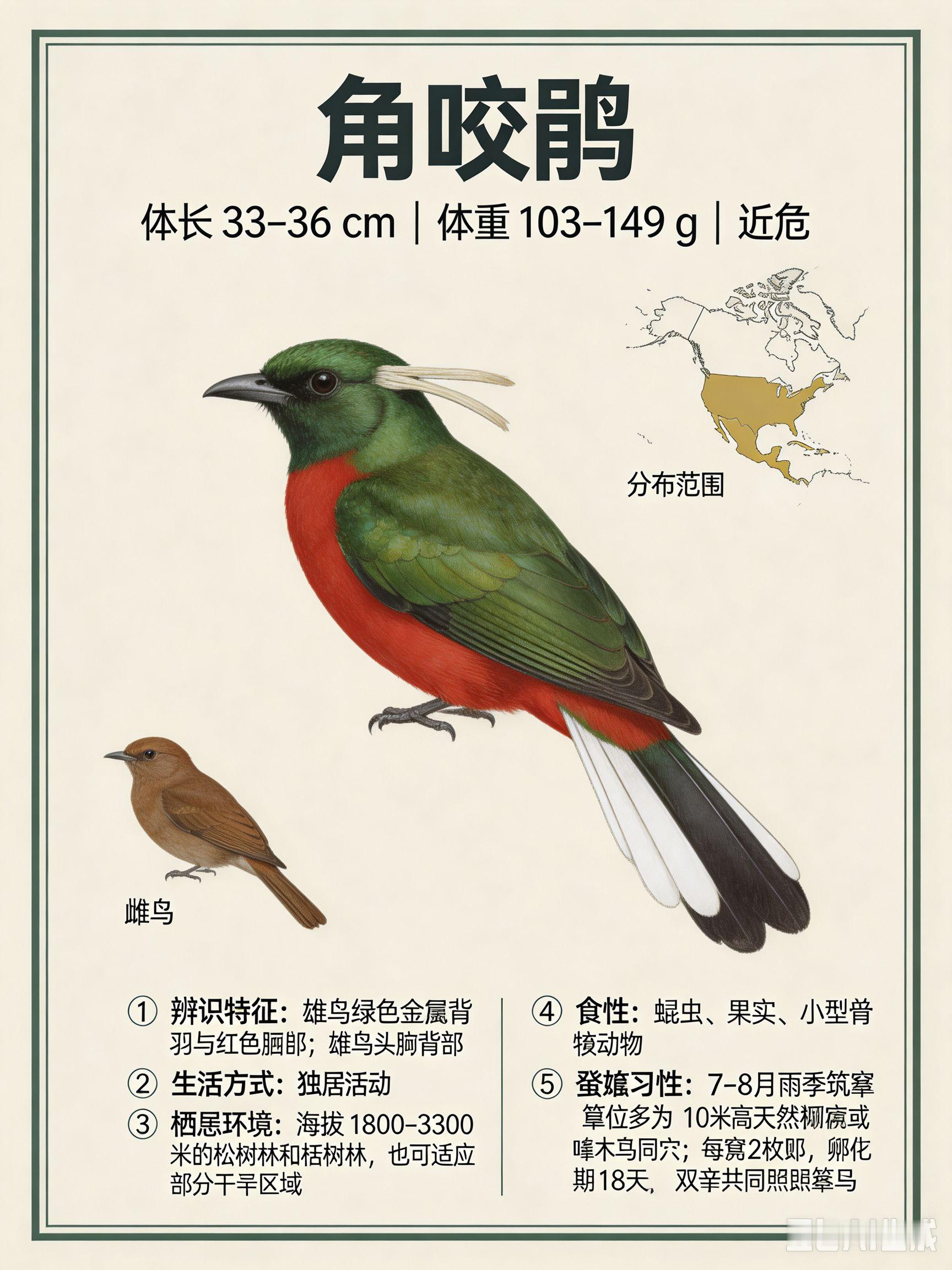 鸟类朋友图鉴 角咬鹃体长：33~36 厘米体重：103~149 克社会单位：独居