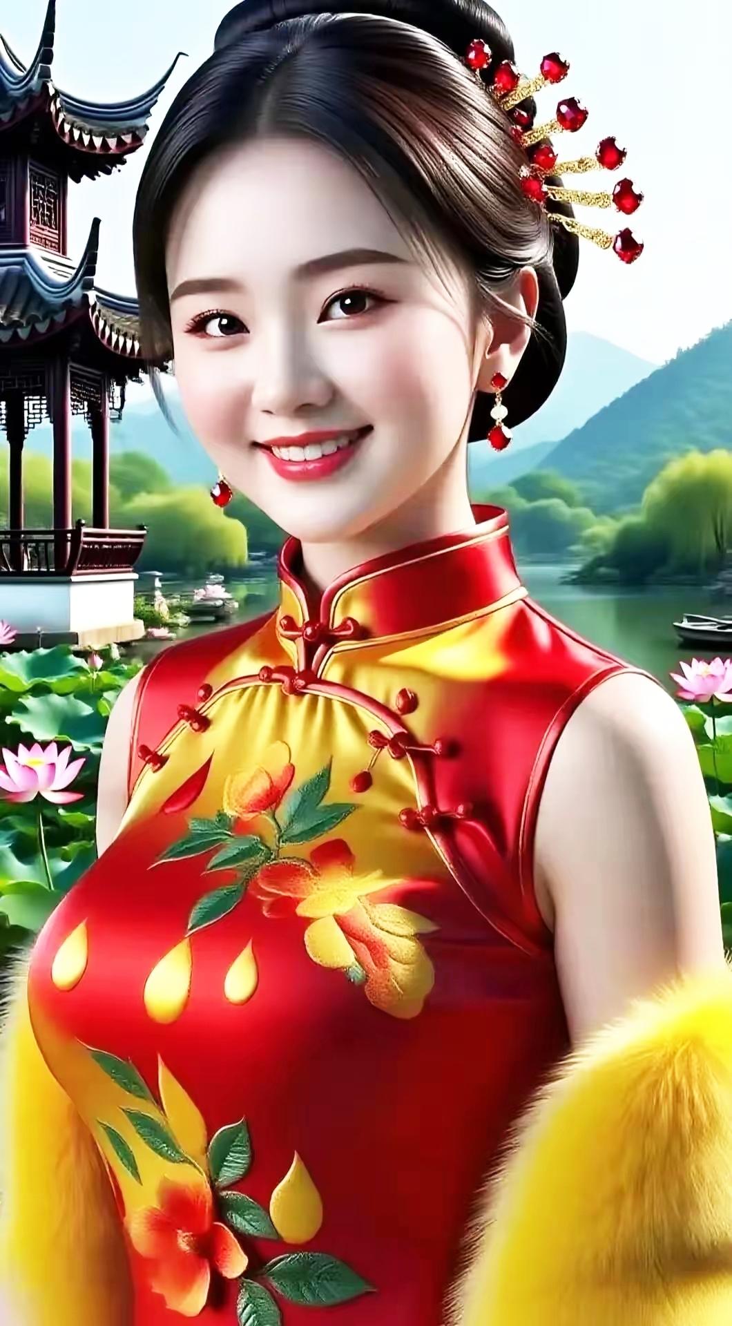 古风美女与莲花池的完美融合，传统与自然的和谐之美。