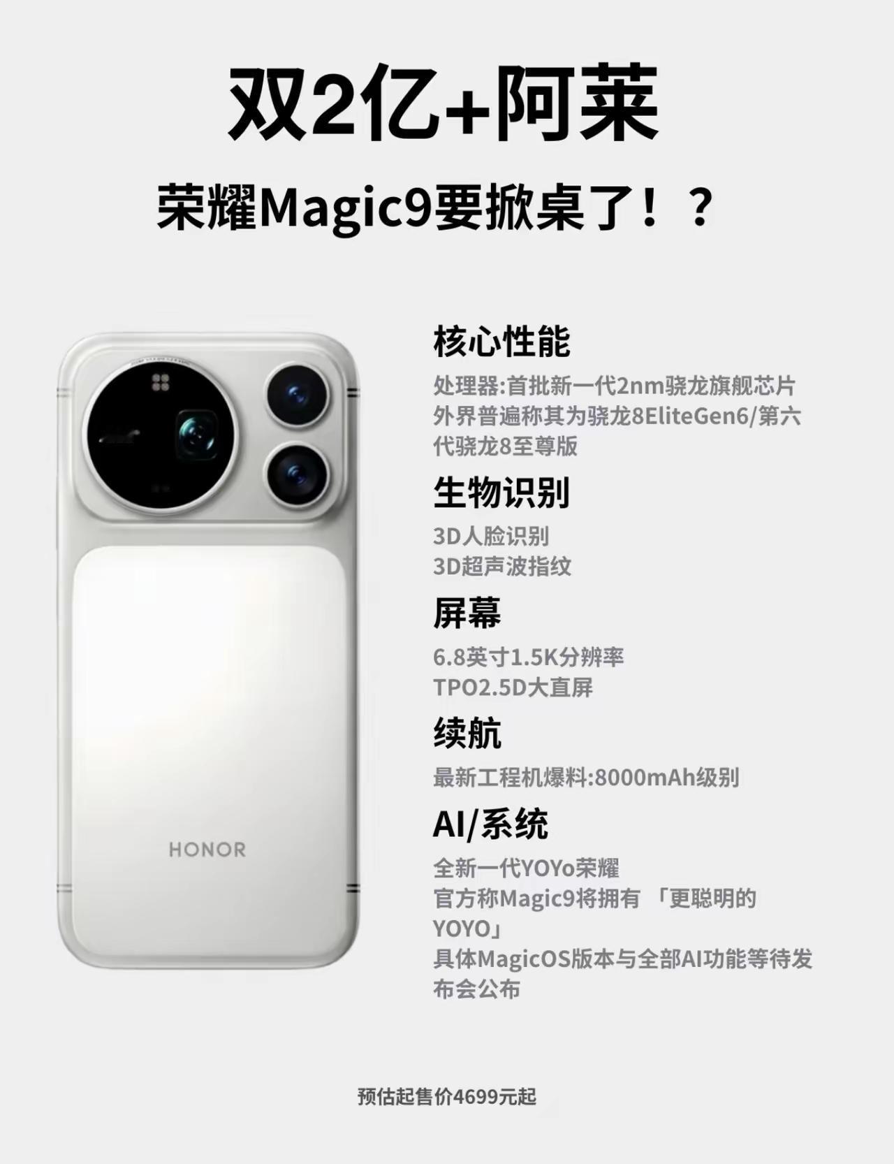 荣耀这次是真下猛料了！荣耀Magic9直接把阿莱认证和双2亿像素齐上，影像规格卷