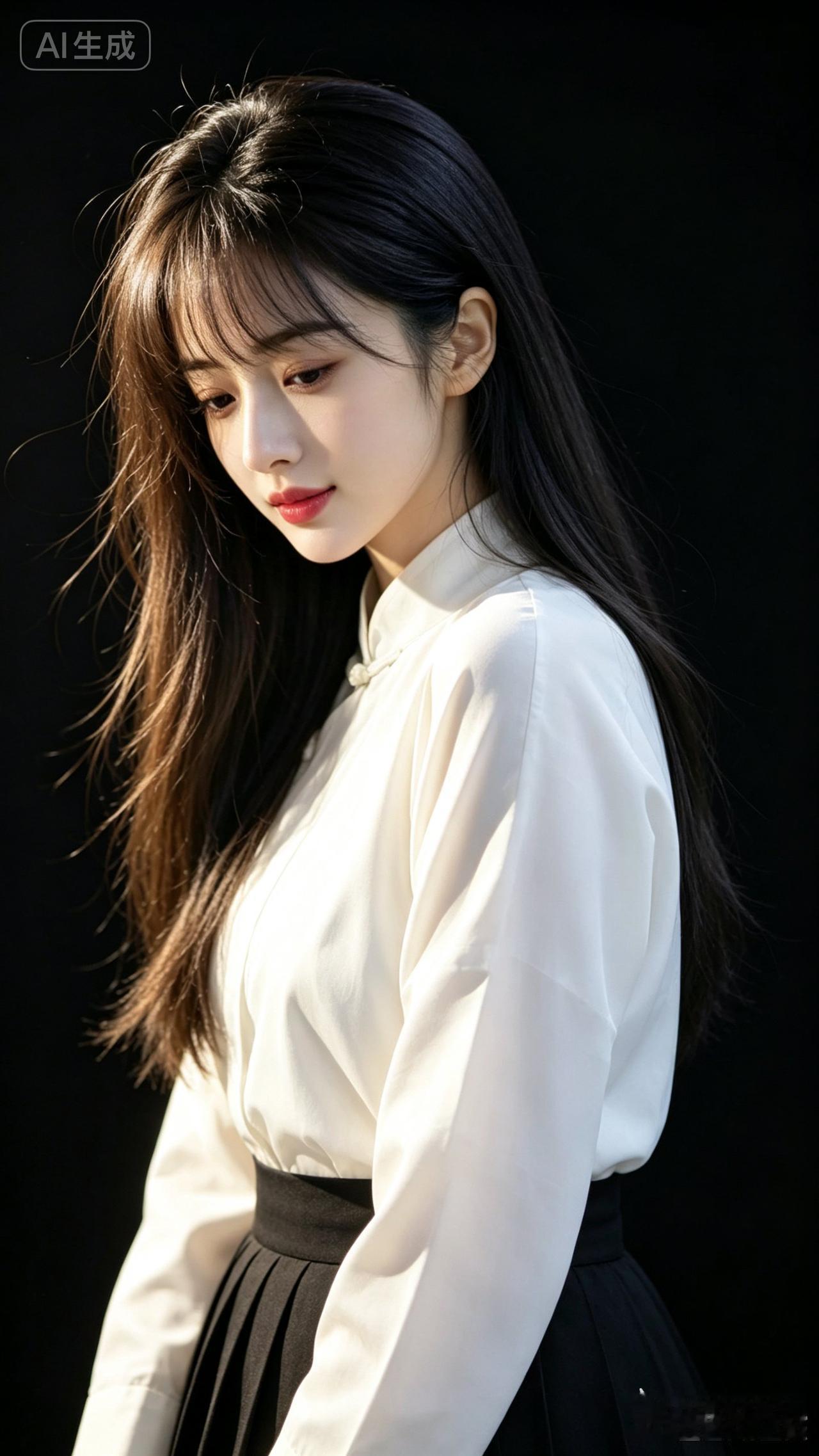 温柔黑发少女，白衬衫与黑裙的优雅碰撞，AI生成的梦幻美照。
