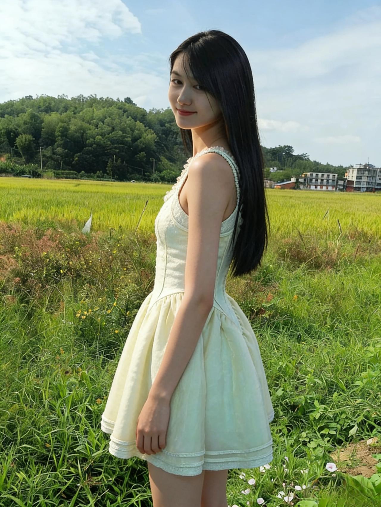 站在稻田中央
身体是解开束缚的白裙
挣脱了城市的霓虹
拥抱泥土的呼吸
 ～
黑发