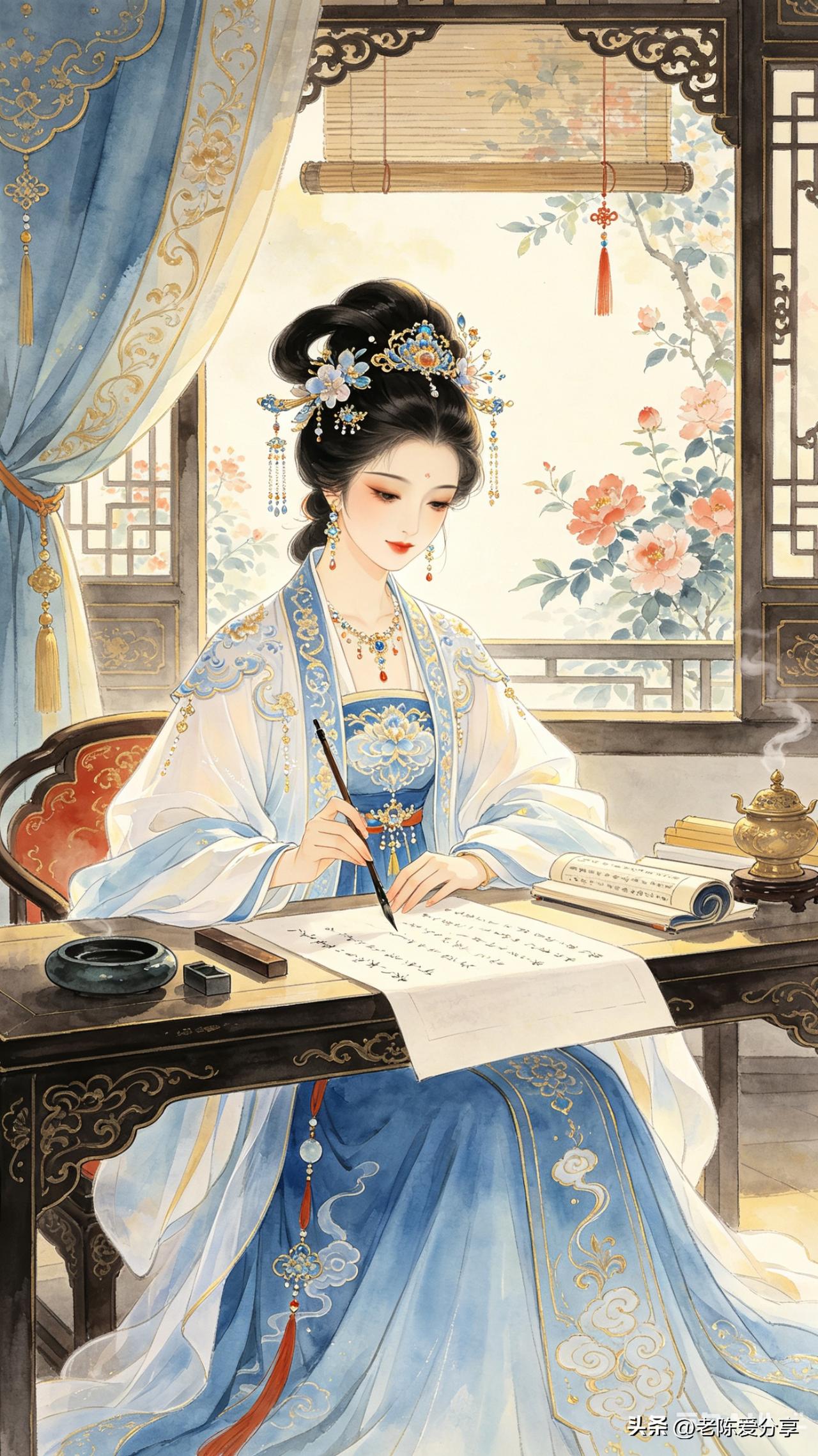 鹧鸪天·闺阁书香

宝髻高盘插翠翘，
蓝衫白袖衬纤腰。
窗含晓色花枝影，
案列文