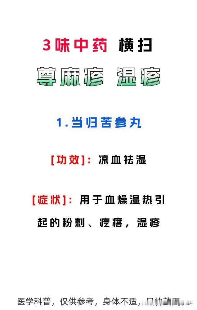 3味中药横扫，荨麻疹，湿疹！#健康养生##荨麻疹##湿疹#
1、当归苦参丸——[