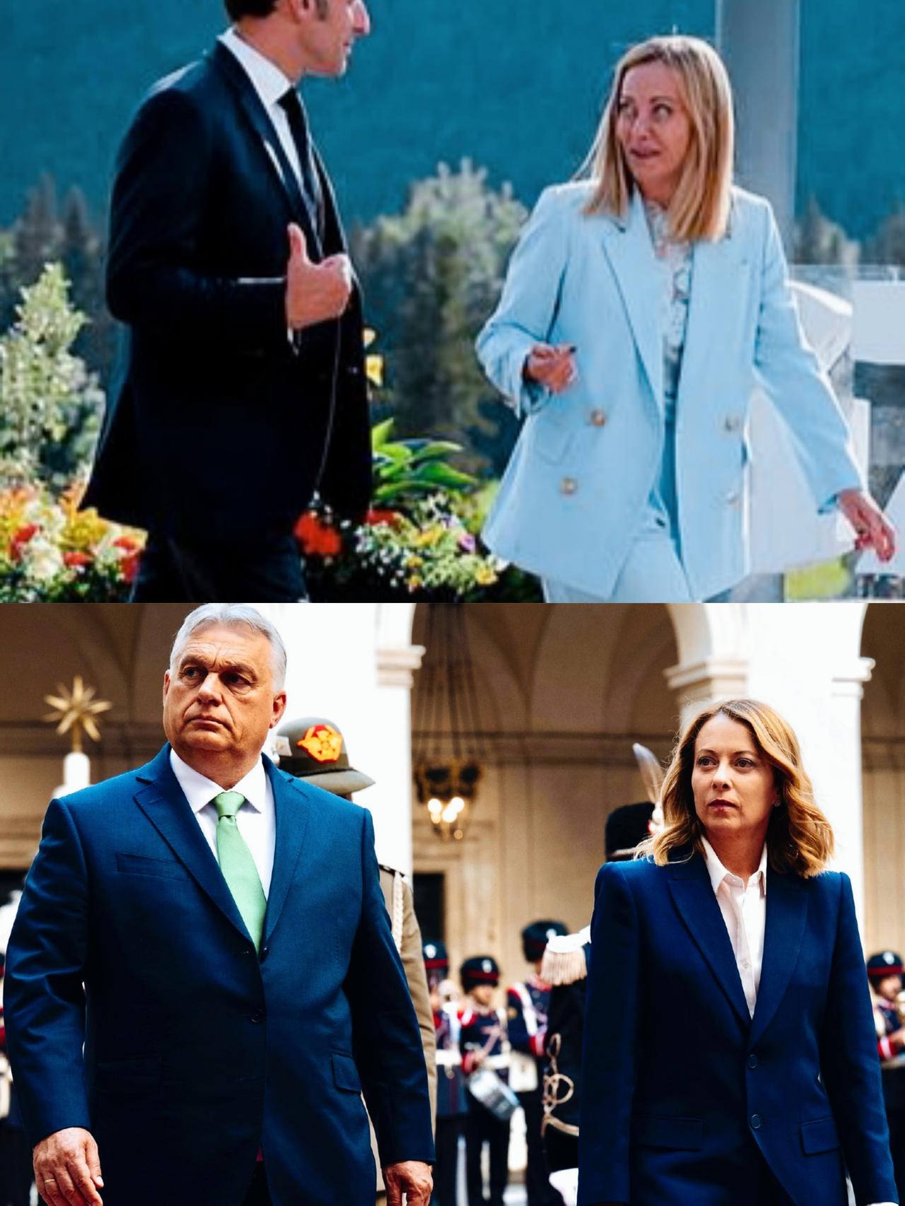 梅洛尼与马克龙走一起时，和与欧尔班走一起时，看向对方的眼神明显不一样啊！
梅洛尼