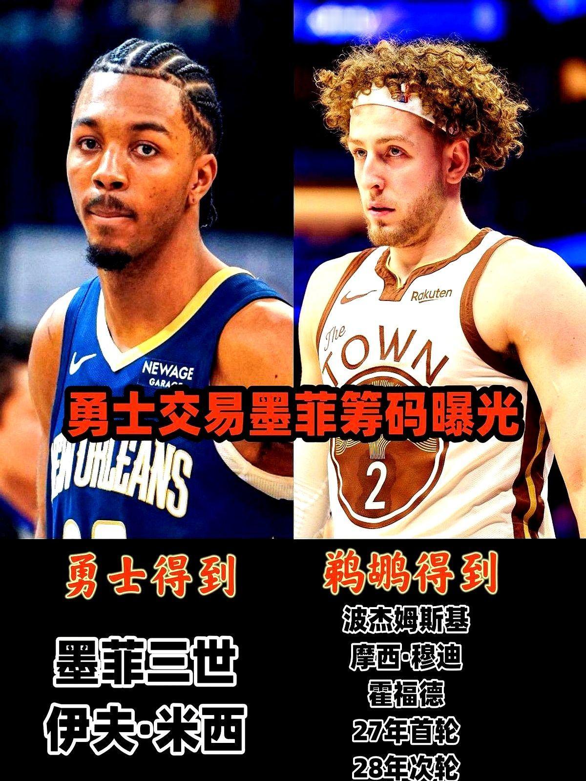 勇士管理层这次真的狠下心了，直接摆上波杰姆斯基、穆迪加两个首轮签，就为拿下鹈鹕的