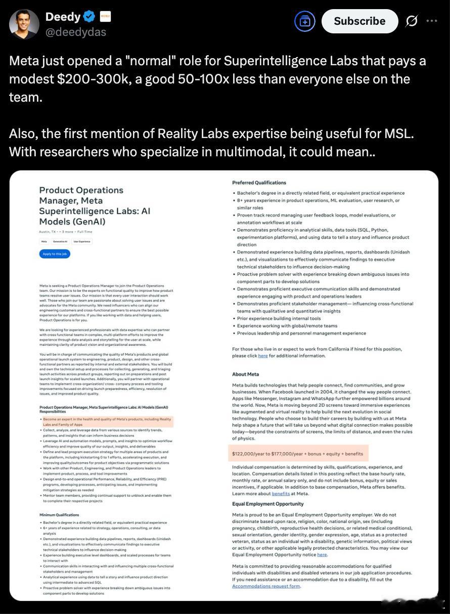 小扎亿元俱乐部开招白菜岗Meta超级智能实验室开招基础岗小扎的“亿元俱乐部”，终
