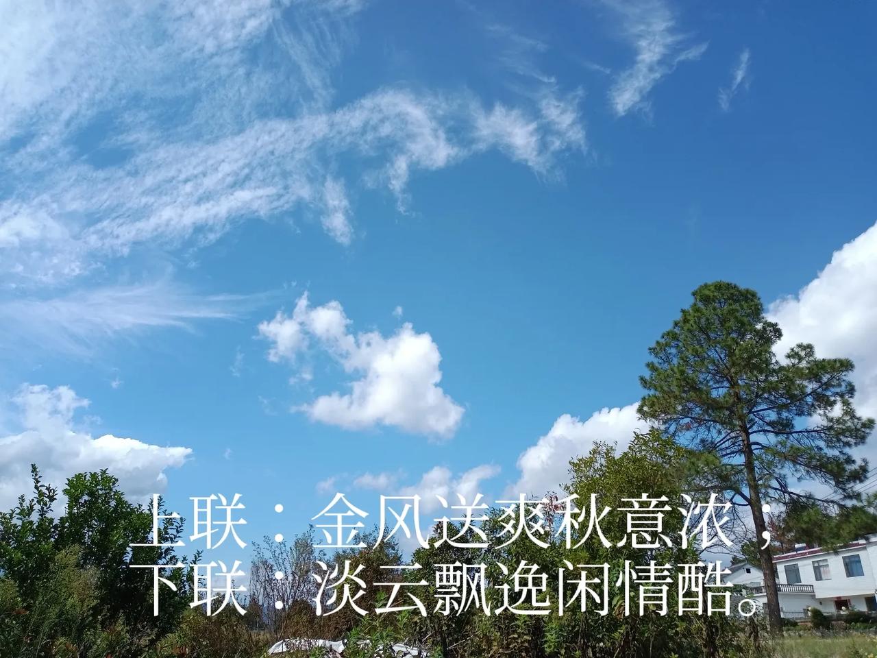 上联：金风送爽秋意浓；
下联：淡云飘逸闲情酷。
#上联：金风送爽秋意浓，诚邀下联
