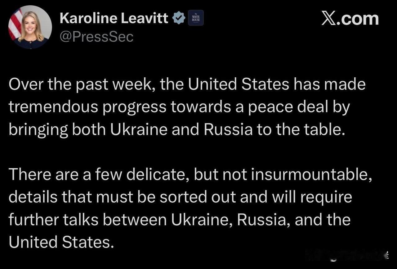 白宫发言人Karoline Leavitt表示俄乌和平协议取得巨大进展，但仍有一