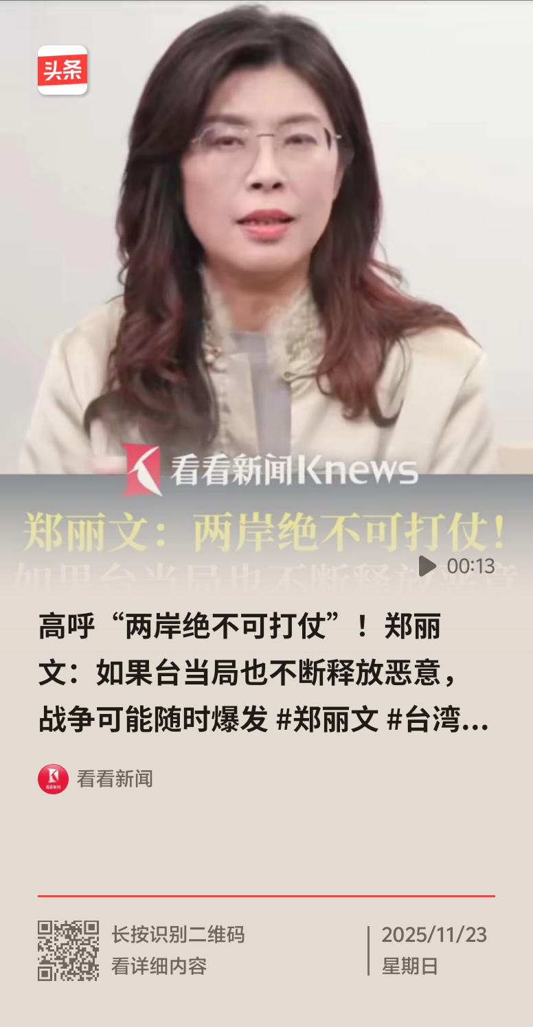 郑丽文高呼“两岸绝不可以打仗”，貌似在为两岸和平发声。11月20日她接受采访时这