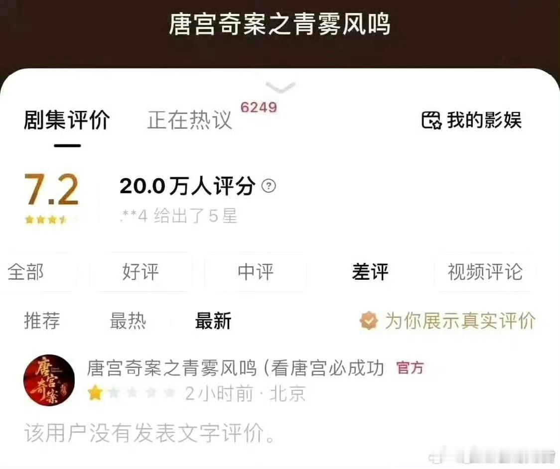 唐宫奇案官方给唐宫奇案打一星多名网友发现《唐宫奇案》官方账号“唐宫奇案之青雾风鸣