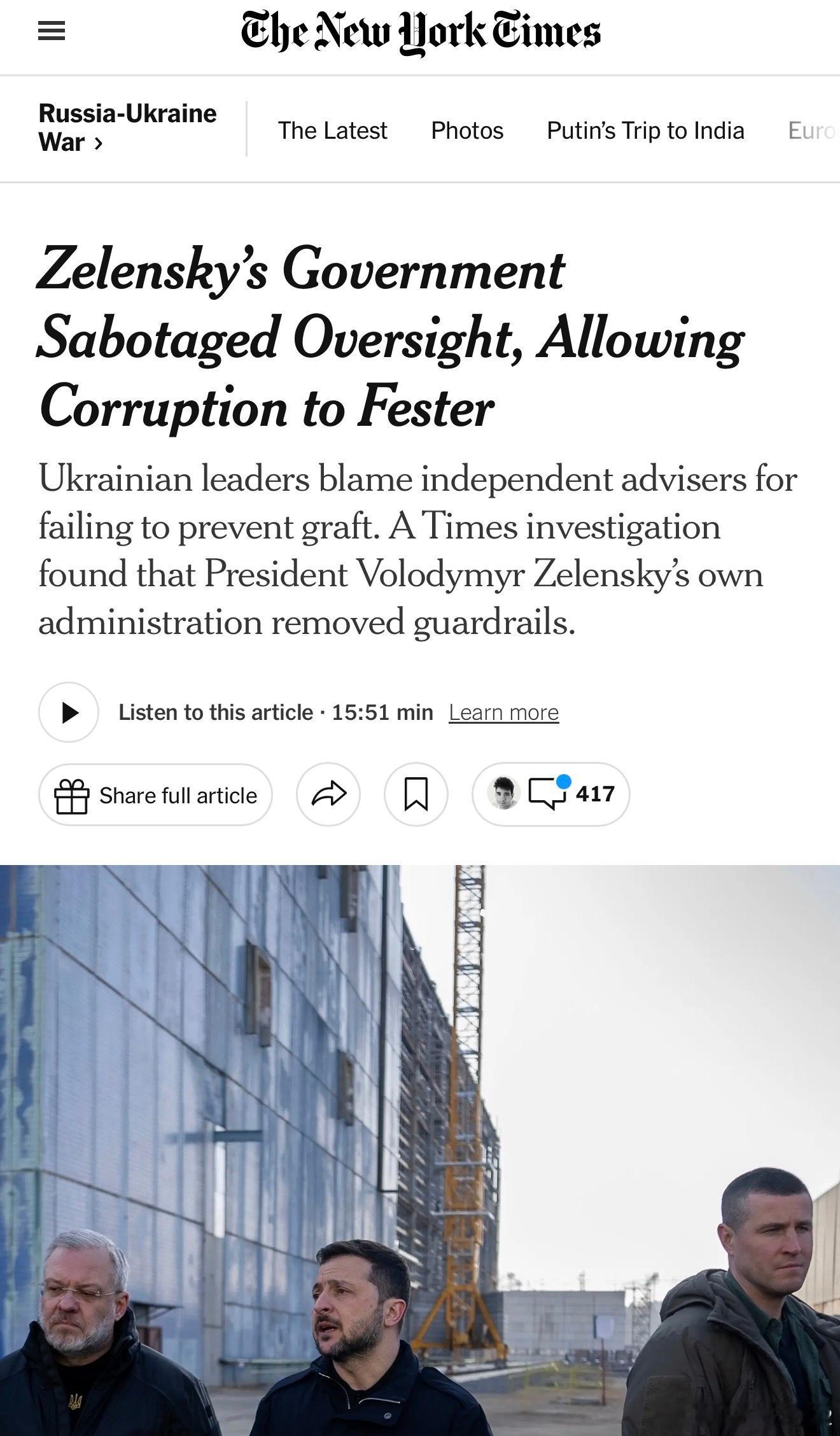 黄左正义党的厕所明灯《纽约时报》前天发表的长篇专栏文章，开始攻击泽连斯基，并揭露