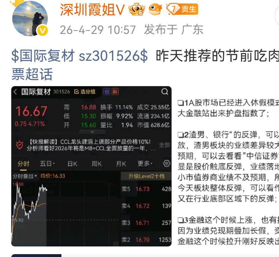 $国际复材 sz301526$ 谁还在车上吃大肉股票