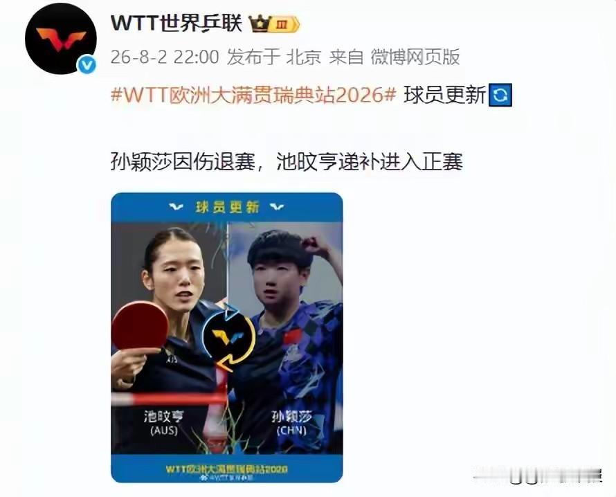 孙颖莎退赛了，实属没想到。
今天晚上乒乓世界公布莎莎退出瑞典大满贯，去年她拿到了
