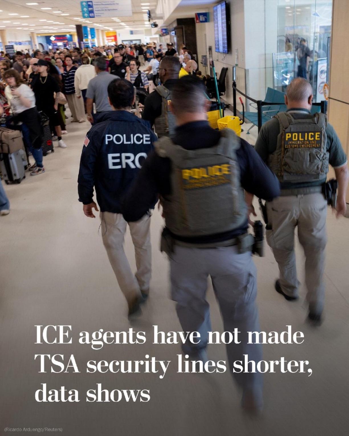 《华盛顿邮报》：数据显示，向机场派遣移民执法局特工并没有减少安检排队时间。

在