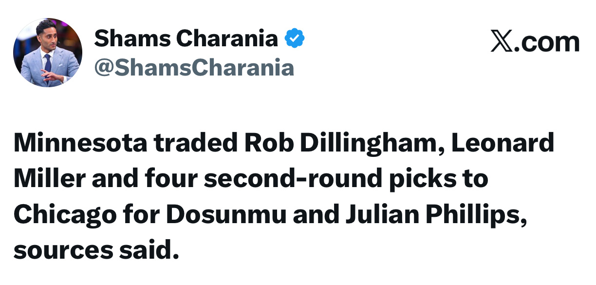 shams：芝加哥公牛队已将阿约多桑姆交易至明尼苏达森林狼队。森林狼得到多森姆与